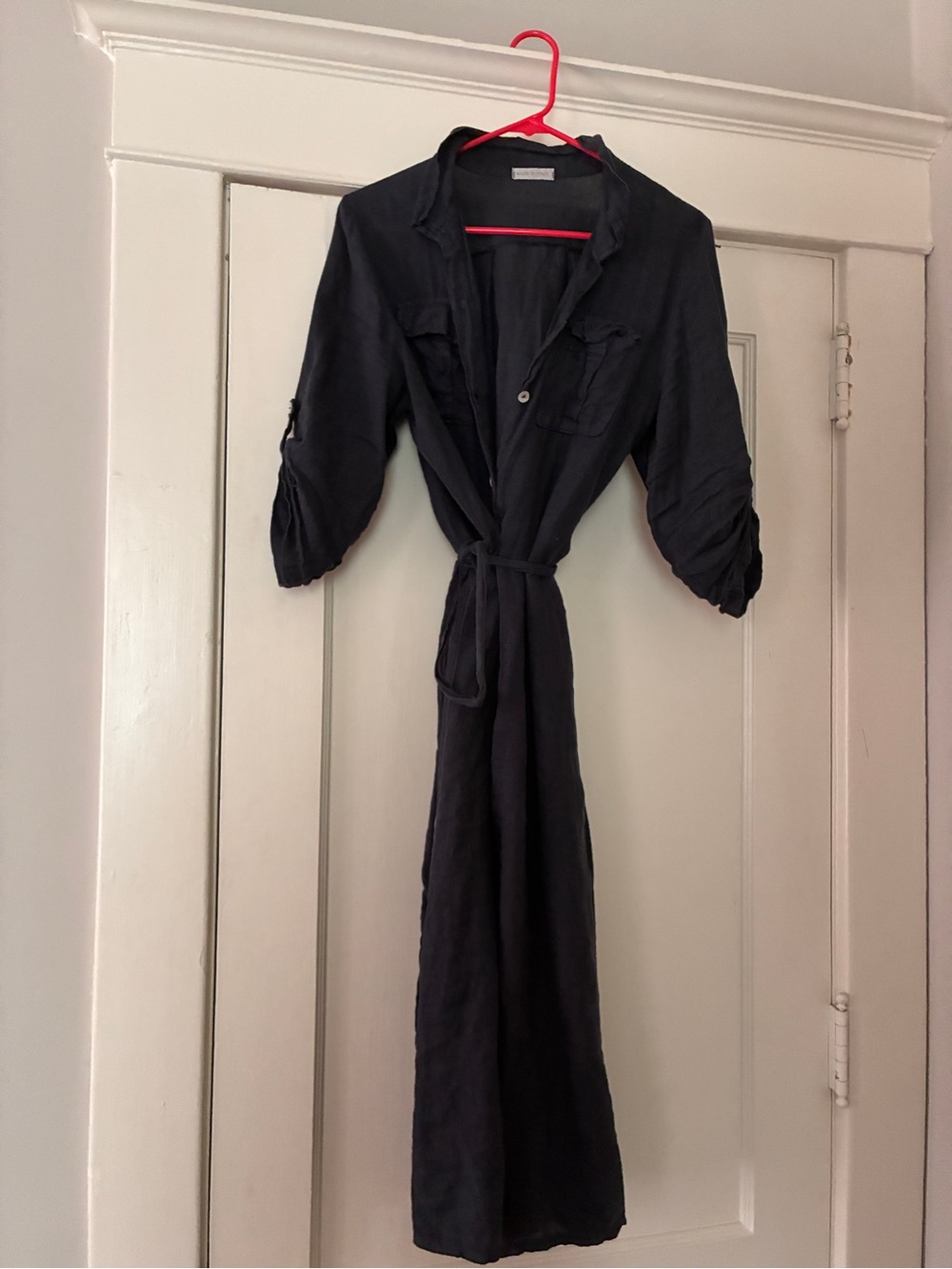 Navy Italian linen midi length Shirt Dress with Tie Waist